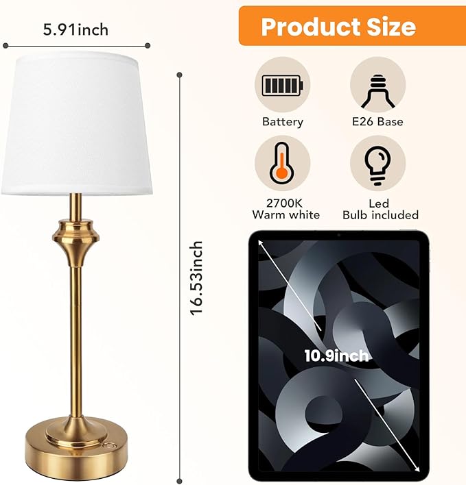 NIORSUN 10.2" Portables Cordless Table Lamp, Battery Operated Lamp,Small Bedside Table Lamp with Warm White,3 Way Dimmable Touch Desk Lamp for Living Room Restaurant Bedroom (Gold)
