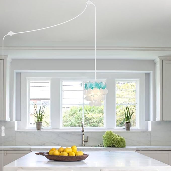 Capiz Shell Samll Chandelier, 1-Light Plug in Shells Pendant Lights with ON/Off Switch for Kitchen Island, Dining Room, Bedroom Room, Coastal House, White and Blue