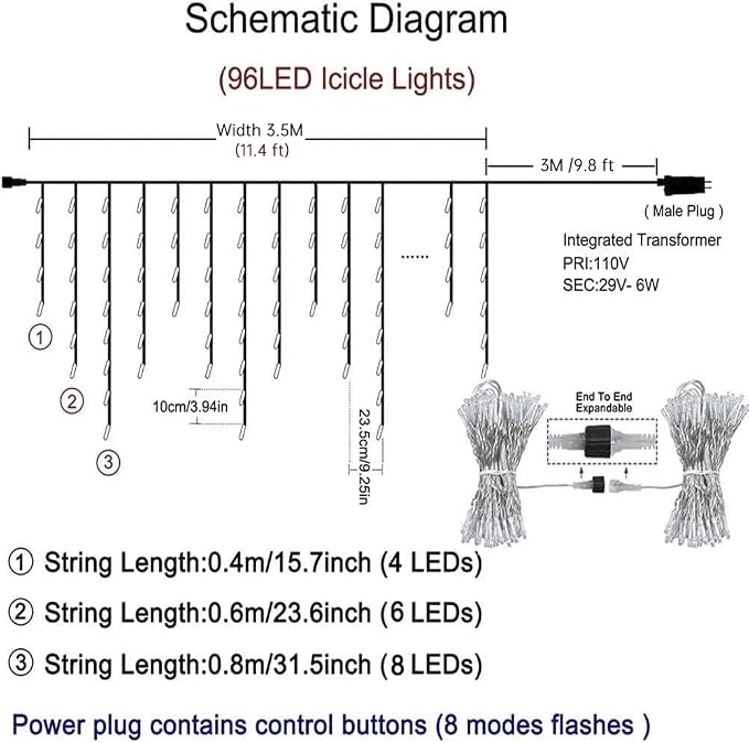 Orangie 8 Modes LED Icicle Lights, 9.8 FT 96 LED Fairy String Lights Plug in Extendable Curtain Light String Christmas Lights for Bedroom Patio Yard Garden Wedding Party (Cool White)