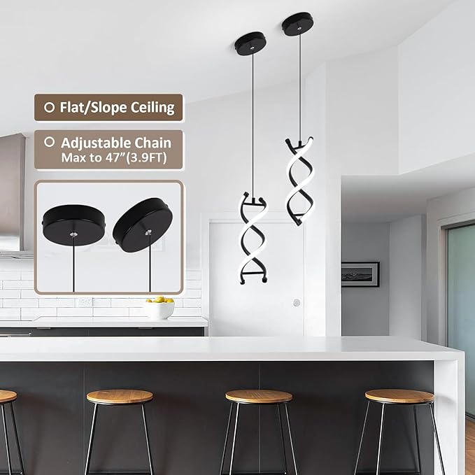 CANEOE Spiral Led Pendant Light Fixture,15W Cold White Light Modern LED Pendant Lamp, Adjustable Kitchen Island Hanging Light Fixture for Dining Room Living Room Bedroom Kitchen Sink, 3 Packs