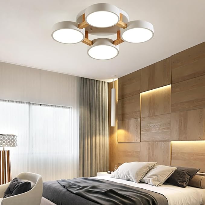 LED Ceiling Light Fixture,20 Inch 4-Lights Modern Ceiling Lights Flush Mount Wooden 44W Chandelier for Living Room Bedroom Kitchen,Dimmable 3000K/4000K/6000K Temperatures Selectable, White