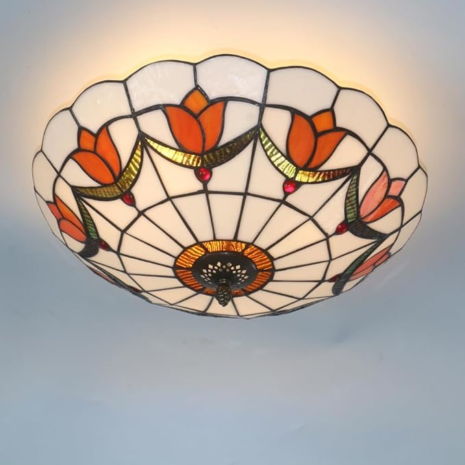 16 Inch Tiffany Style Stained Glass Ceiling Light Flush Mount Ceiling Light Vintage Chandeliers Pendent Light Fixtures (16 Inch Orange)