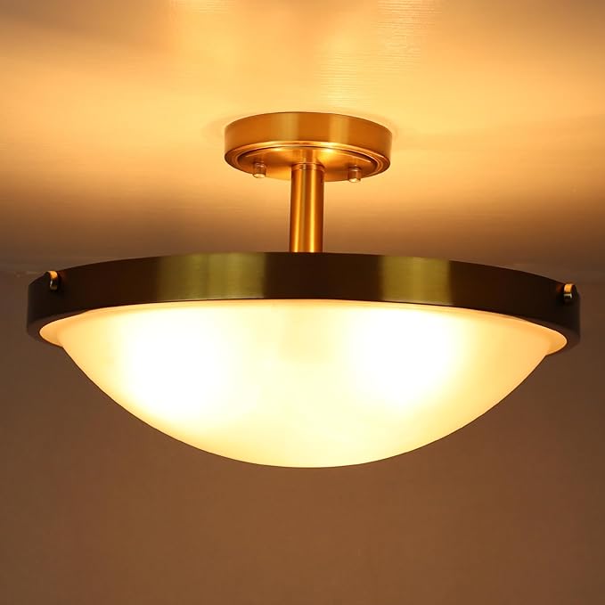 SAMTEEN 16-Inch Gold Semi Flush Mount Ceiling Light Mid Century Modern 3-Light Milk Glass Ceiling Light Brass Glass Flush Mount Light Fixtures for Bedroom Hallway Staircase