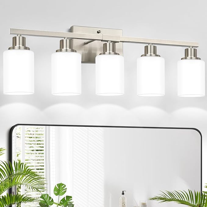 MOKATNG 5-Light Vanity Light with Milky White Shades, Brushed Nickle Bathroom Lighting Fixtures Over Mirror, Modern Bathroom Wall Lamp for Mirror Living Room Cabinet Bedroom