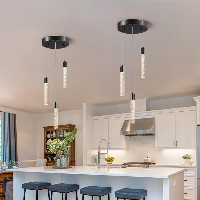 3 Black Pendant Lights Kitchen Island Modern with Adjustable Height - Clear Cylinder Island Lights, 3000-6000K Dimmable Kitchen Pendant Lighting for, Dining Room, Bar Counter