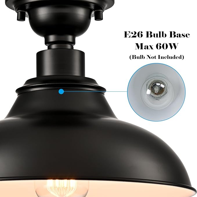 SAMTEEN 12-Inch Farmhouse Semi Flush Mount Ceiling Light Black 1-Light Industrial Barn Ceiling Light Matte Black Hallway Light Fixtures Ceiling for Bedroom Kitchen Foyer Loft