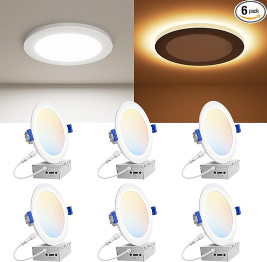 VOLISUN 6 Pack 6 Inch 5CCT Recessed Light with Night Light,Canless LED Recessed Lighting 6 inch,2700K-5000K Selectable,12W=130W,1080LM Dimmable Recessed Ceiling Wafer Lighs,ETL Certificated
