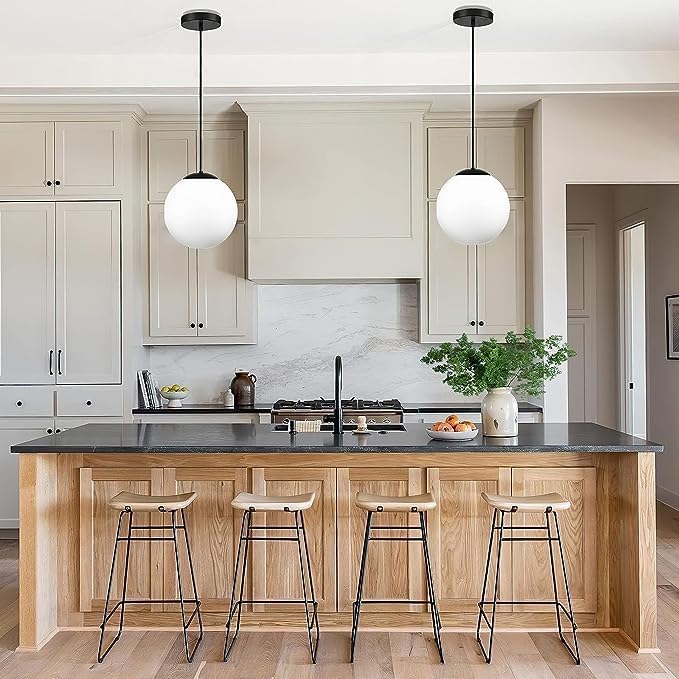 KoKo&Yukina 8-inch Globe Pendant Lighting for Kitchen Island Mid Century Modern Hanging Light Fixture with Milk Glass Globe Glass Black Industrial Hanging Ceiling Lights for Sink Bathroom Entryway