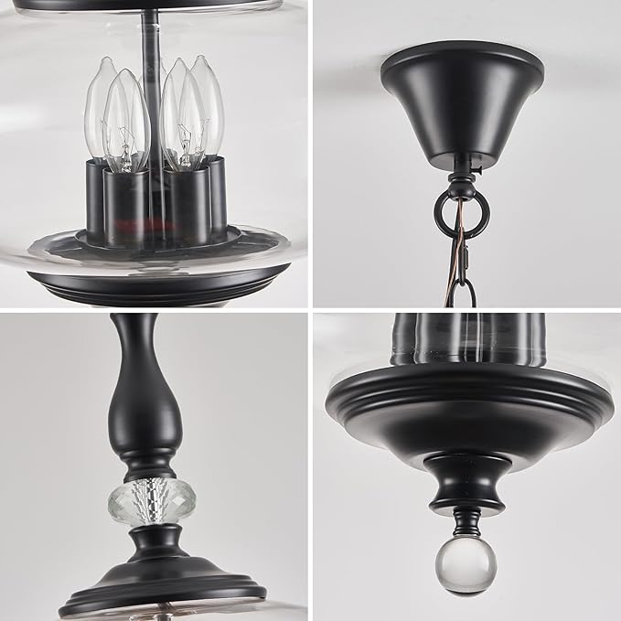 Farmhouse Black Pendant Light 5-Light Clear Glass Chandelier with Adjustable Chain W 15.74 in Kitchen Island for Dining Room