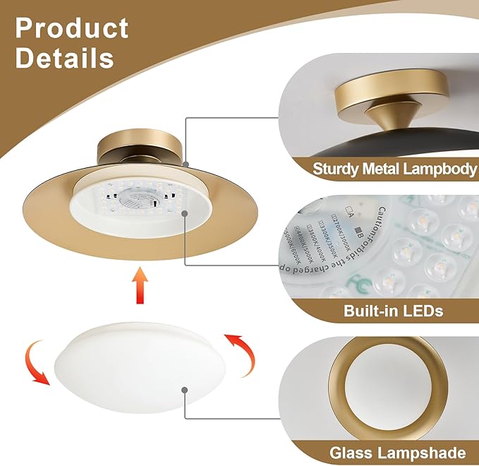 Dimmable Modern Mid-Century Ceiling Light, Black and Gold LED Semi Flush Mount Ceiling Light, 5CCT 2700K-6000K Lighting Fixture Ceiling Lamp with Glass Shade for Bedroom Hallway Kitchen, 12.6in