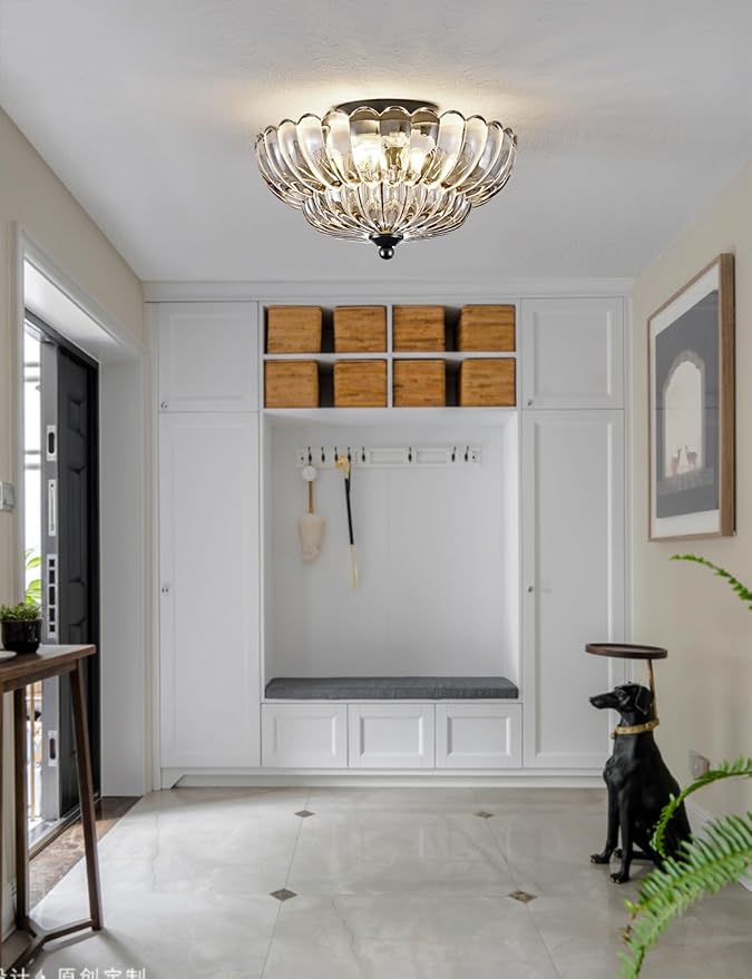 Semi Flush Mount Ceiling Light, Smoky Gray Glass Ceiling Light Fixture, 3-Bulb Modern Black Close to Ceiling Light, Vintage Glass Ceiling Lights for Bedroom Kitchen Living Room, Bulb Not Included
