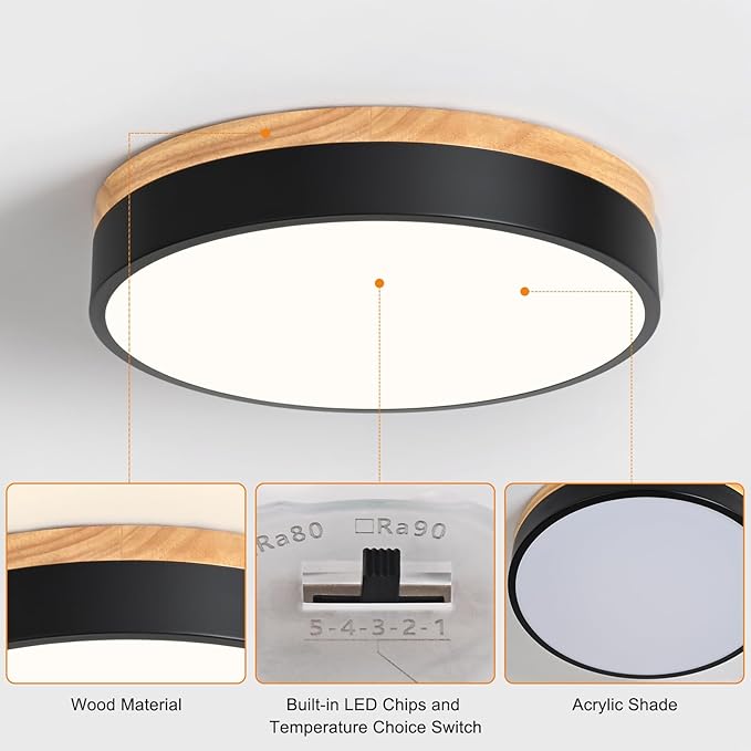 Yiisem Dimmable Wood LED Flush Mount Ceiling Light, 5CCT 2700K-6000K Modern Black Close to Ceiling Lighting Fixtures, Minimalist Round Ceiling Lamp for Bedroom, Kitchen, Hallway, Laundry Room