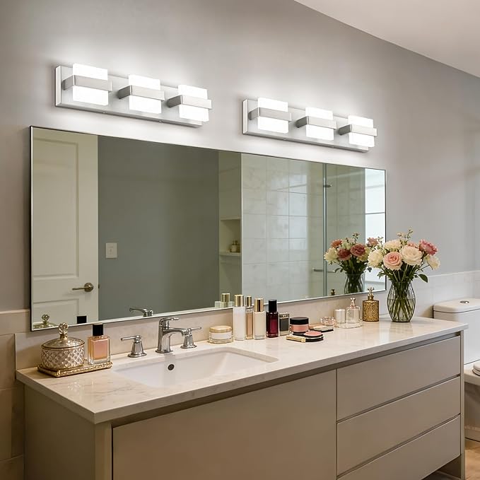SOLFART Brushed-Nickel Bathroom Vanity Light Fixtures Over Mirror, Dimmable Vanity Lights for Bathroom, 3 Lights Bathroom Lighting Modern LED Lights