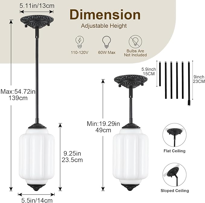 Vintage Milk Glass Pendant Light, 5.5" Semi Flush Mount Pendant Light, Black Finish Milk Glass Hanging Light Fixture for Kitchen, Dining Room, Bedroom, Hallway, Bathroom(White, 1 Pack)