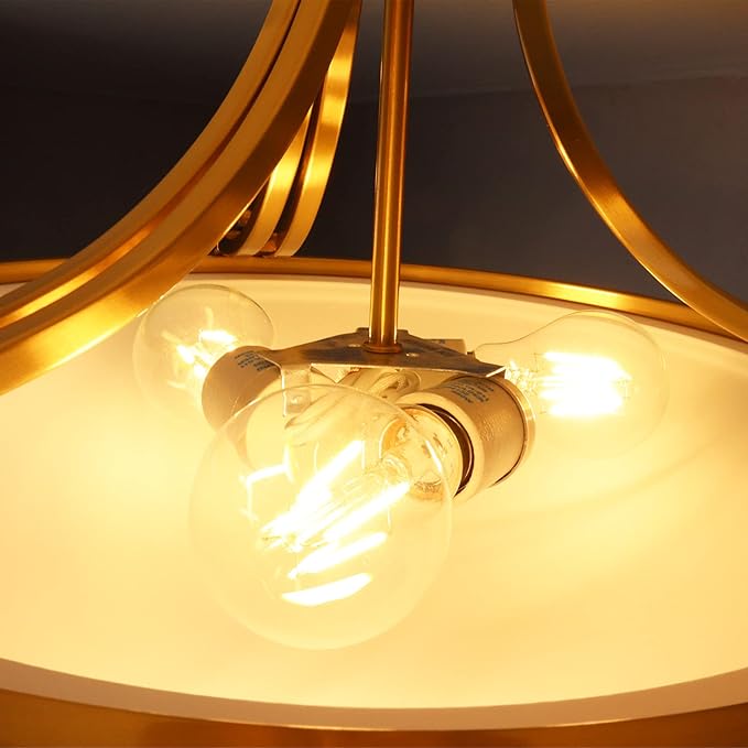 SAMTEEN Modern Brass Semi Flush Mount Ceiling Light 3-Light Mid Century Gold Flush Mount Light Milk Glass Ceiling Light Fixtures for Hallway Bedroom Foyer Kitchen