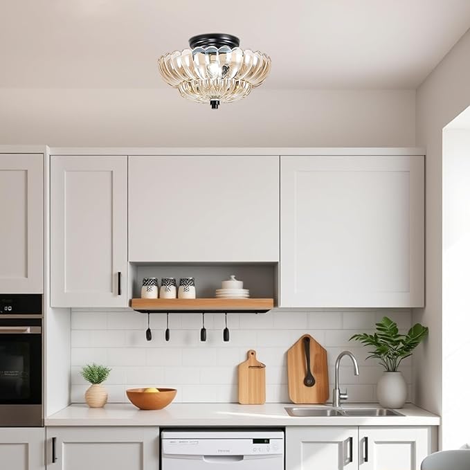 Semi Flush Mount Ceiling Light, Modern Ceiling Light Fixture with Amber Glass, Vintage Indoor E26 Kitchen Lighting for Closet, Porch, Corridor, Hallway, Bedroom