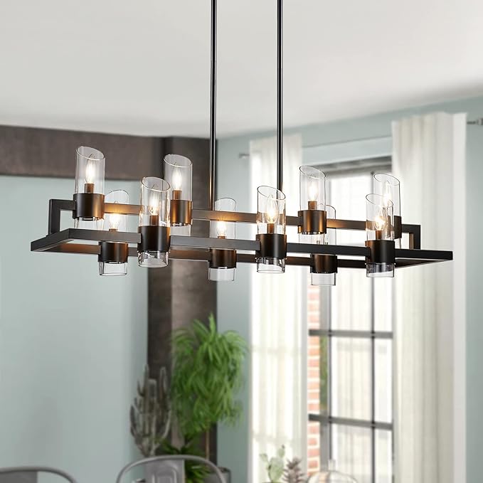 WUZUPS Island Rectangle Chandelier 10-Light with Clear Glass Industrial Modern Farmhouse Linear Light Fixture for Dining Room Kithen Island, Width 42.5" Height 10.4", Black