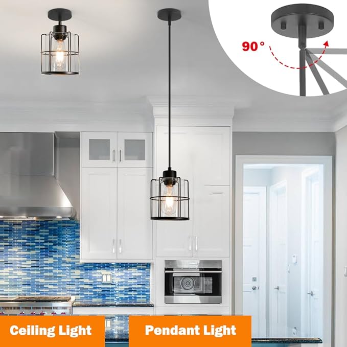 Farmhouse Pendant Lights Kitchen Island Set Of 2, Black Kitchen Island Lighting With Adjustable Rods, Industrial Cage Bathroom Pendant Lights With Clear Glass For Dining Room Hallway Sink