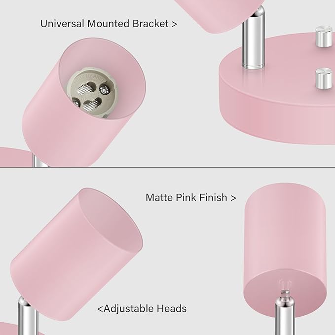 2 Light Track Lighting Fixtures Ceiling, Pink Round Directional Spotlight Fixtures, GU10 Flush Mount Ceiling Fixture, Adjustable Modern LED Track Light for Girl's Room, Bulb Not Included
