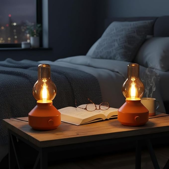 Vintage Rechargeable Cordless Table Lamp 2 Pack,Dimmable Rotary Control, Small Battery-Powered,Hand-Blown Glass, Bulbs Included,Retro Farmhouse Lamp for Bedroom, Living Room, Kitchen,Red