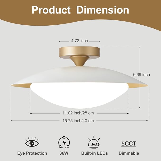 Dimmable Modern Mid-Century Ceiling Light, White and Gold LED Semi Flush Mount Ceiling Light, 5CCT 2700K-6000K Lighting Fixture Ceiling Lamp with Glass Shade for Bedroom Kitchen Living Room, 15.8in