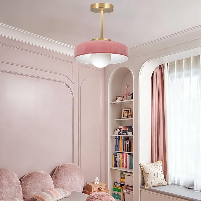 Pink Light Fixture Mid Century Modern Semi Flush Mount Ceiling Light 13.8 Inch Round Dome Glass Shade Brushed Gold Brass Close to Ceiling Lights Hallway Bedroom Overhead Lighting