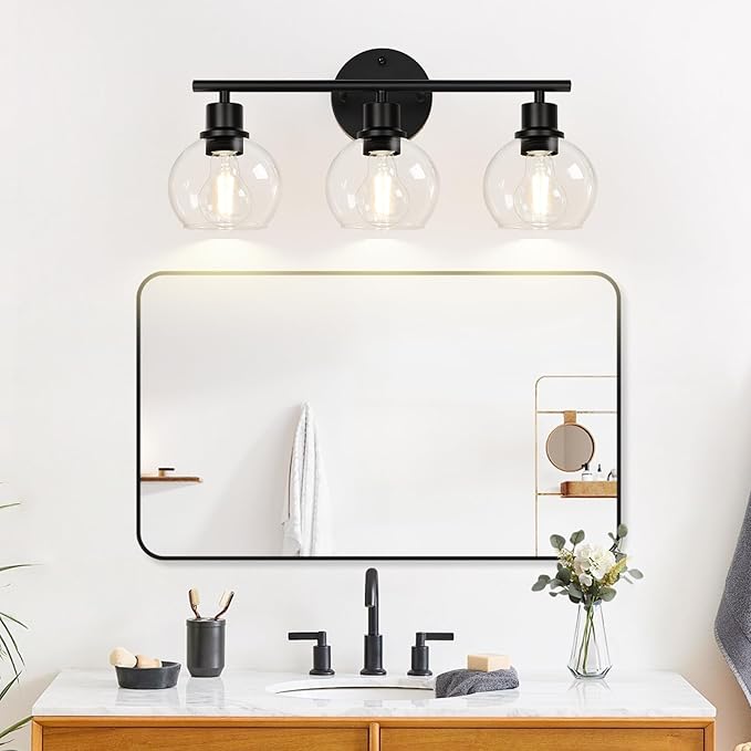 Indoi 3-Light Bathroom Light Fixtures, Black Bathroom Lights Over Mirror with Clear Glass Globe Shade, Vanity Lights for Bathroom Kitchen Living Room Hallway Cabinet Bedroom Porch.