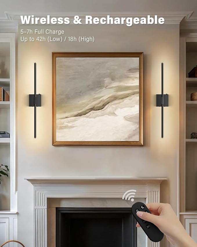 SAIMAND Wall Sconces Set of 2 Battery Operated, Wireless USB 8000mAh Rechargeable Wall Lights with Remote Control,3000K-6000K LED Dimmable Decor Lamp for Living Room,Bedroom,Hallway (27in Black)