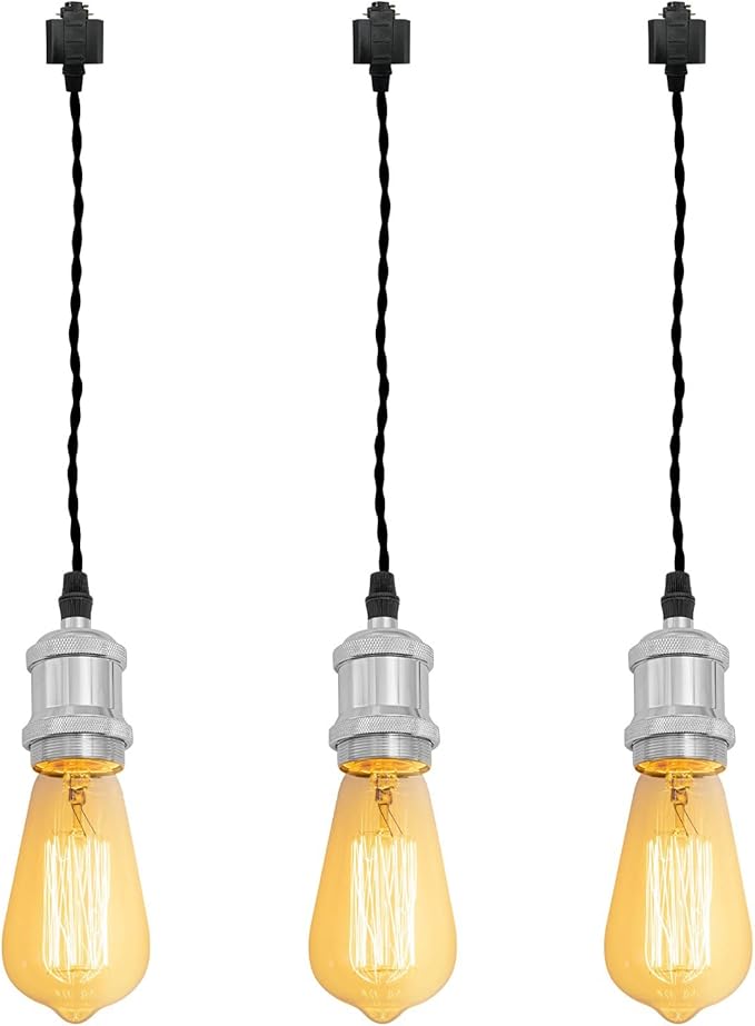 Kiven H-Type Track Light Pendants, 31.5 Inch Cord Length Black Weave Rope, 3 Pack Restaurant Chandelier Decorative Pendant Light Industrial Pendant Lamp,Bulb Not Included（Chrome）