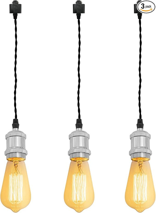 Kiven H-Type Track Light Pendants, 11.8 Inch Cord Length Black Weave Rope, 3 Pack Restaurant Chandelier Decorative Pendant Light Industrial Pendant Lamp,Bulb Not Included（Chrome）