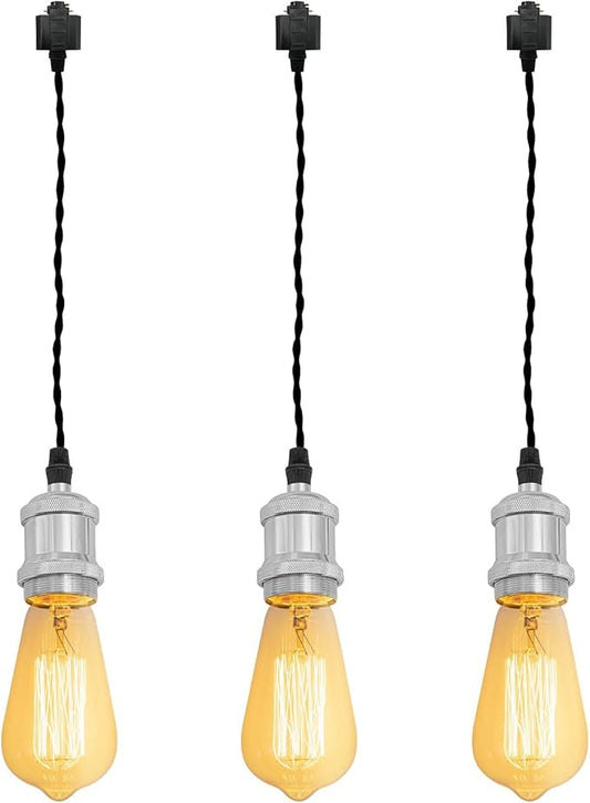 Kiven H-Type Track Light Pendants, 39.4 Inch Cord Length Black Weave Rope, 3 Pack Restaurant Chandelier Decorative Pendant Light Industrial Pendant Lamp,Bulb Not Included（Chrome）