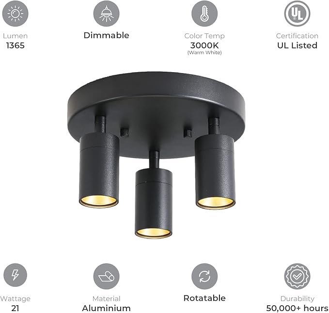 Shura - Round 3-Light Black Integrated LED Ceiling Light w/ Rotatable Heads, Adjustable Flush Mount Ceiling Light, 3000K, 1365 Lumens