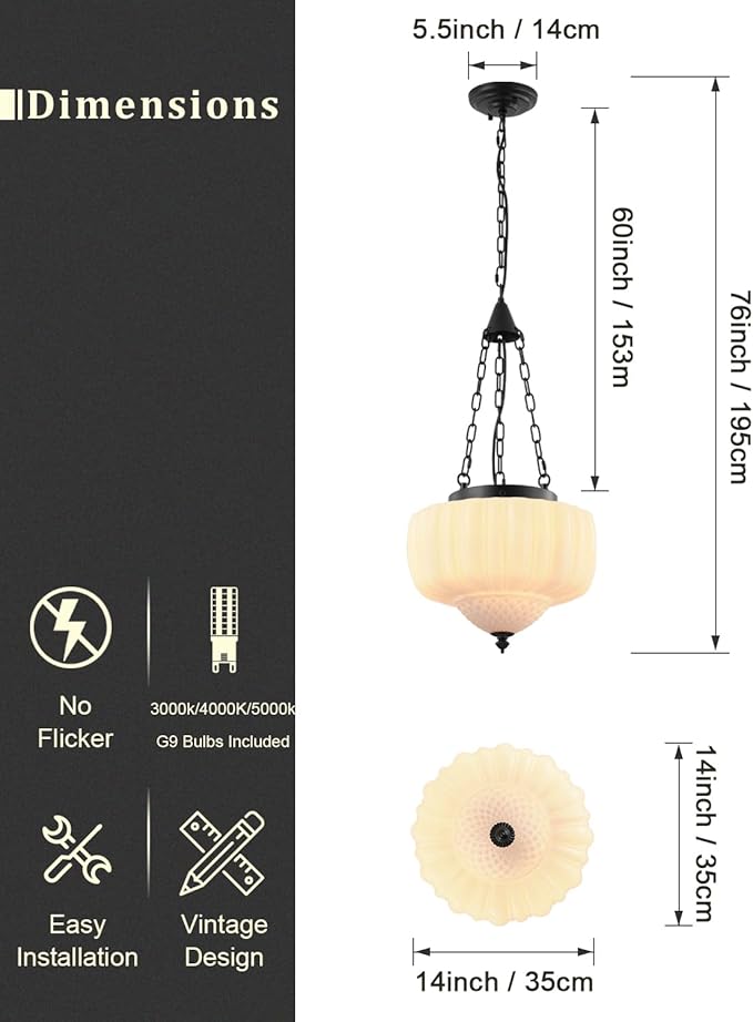 14 Inch Schoolhouse Pendant Light,Milk White Glass with Black Chain,Mid Century Modern Hanging Pendant Light,Vintage Light Fixture for Bedroom,Dining Room,Island,Hallway