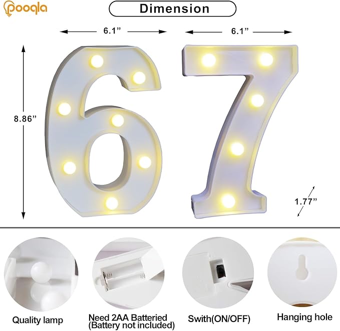 Pooqla Decorative LED Light Up Number Letters, White Plastic Marquee Number Lights Sign for 67th Birthday Party Wedding Decor, Battery Operated