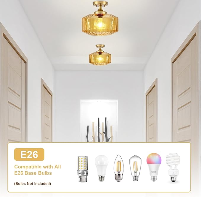 2 Pack Flush Mount Light Fixture Glass Globe Ceiling Light Amber Striped Glass Shade Gold Indoor Semi Flush Mount Chandelier Ceiling Light for Hallway, Kitchen, Entryway, Bedroom