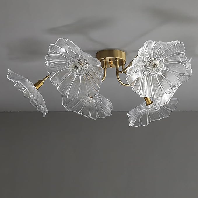 Mid Century Modern Flush Mount Ceiling Light Fixture 6 Lights Gold Brass Ceiling Lights with Clear Glass Flower Shade Sputnik Chandelier Dining Room Large Close to Lighting Fixtures