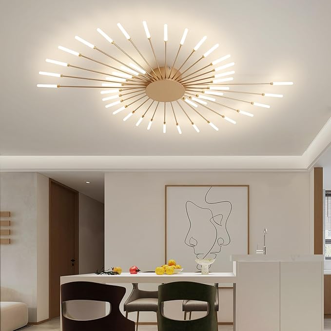 ziidoo Modern Ceiling Light, 42 Lights Metal Firework Designed Chic Led Lighting Fixture for Farmhouse Kitchen Dining Room Bedroom Hallway Living Room (Gold and Dark Gold)