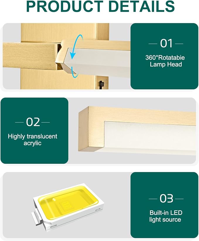 OKELI 32 Inch Bathroom Vanity Light Fixtures, Gold Modern Light Fixtures Over Mirror, 16W 5CCT Dimmable Wall Light