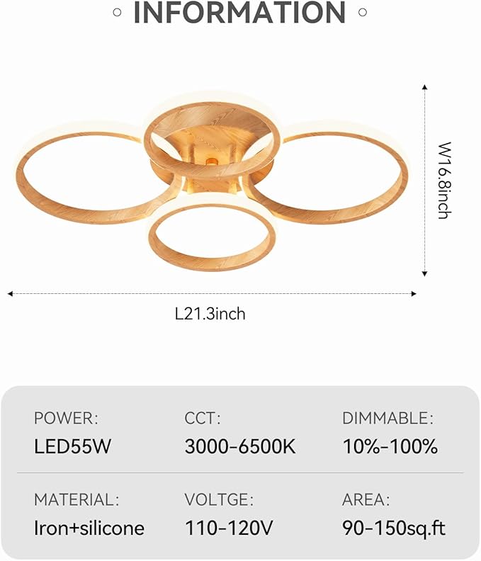 Dimmable LED Semi Flush Mount Ceiling Light Fixture with Remote Control 3-Color Dimming Circle Modern Light, Close to Ceiling Bedroom Kitchen Hallways Balcony Corridor Lamp (4 Ring LightWood)