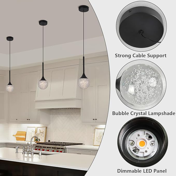 Black Pendant Lights Kitchen Island, Bubble Crystal Globe Ceiling Hanging Light Fixture, Dimmable LED Light Fixture for Kitchen Island Dining Room Bar Bedroom, 3000K