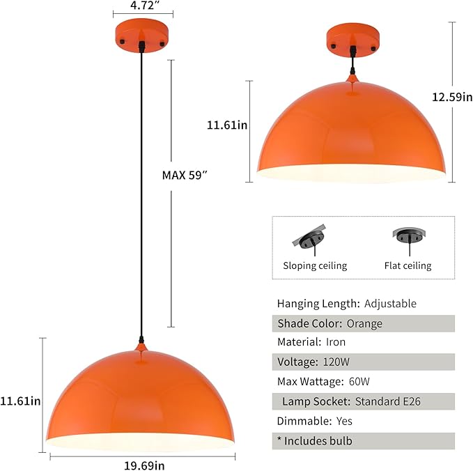 Orange Large Pendant Light 2 Packs,19.7inches, Kitchen Pendant Lights, Oversized Island Pendant Lights, Farmhouse Pendant Light, Pendant Light for Bedroom, Kitchen Island