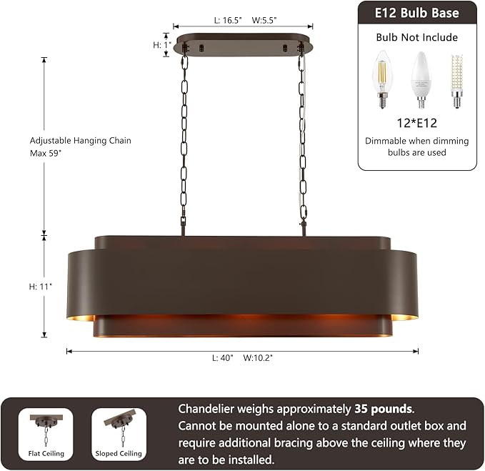 40" Modern Farmhouse Linear Chandelier, Dining Room Light Fixture Over Table Kitchen Island Lighting Metal Rustic Industrial Pendant Light Oil-Bronze