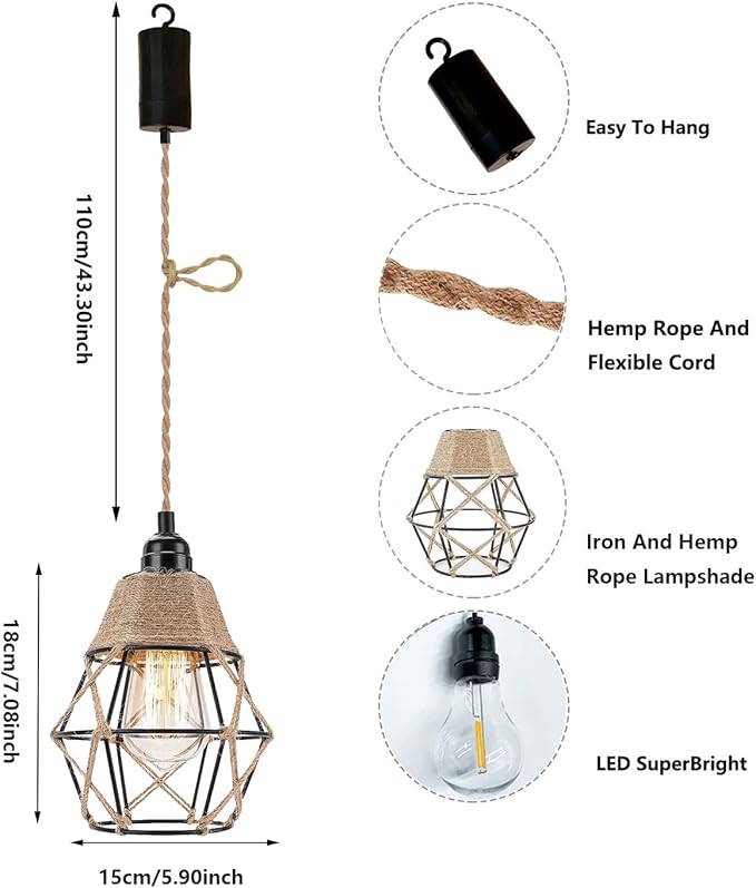 2X Battery Operated Pendant Lights Kitchen Island Chandelier for Outdoor Gazebo Hanging Lamp with Remote LED Bulbs Bohemian Decor for Plant Shelf Shelves Porch Bedroom Living Room Corner