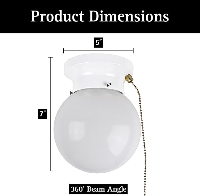 Ultralux 6" Utility LED Glass Flush Mount with Pull Chain - Globe Light Fixture - 500 Lumens 3000K Light Fixture for Closet, Pantry, Shed, Laundry Room - ETL-Certified (Matte White, 1-Pack)