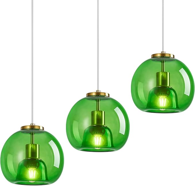Green Glass Pendant Lights Kitchen Island Gold Hanging Light Fixture Glass Globe Pendant Light Modern Pendant Lighting for Kitchen Island Bedroom Dining Room (7.87", 3 Pack)