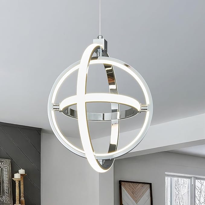 Modern LED Pendant Light Chrome Pendant Lights 4000K Dimmable External Glow Height Adjustable Pendant Lighting for Kitchen Island Dining Room Bedroom Living Room Foyer（3-Ring）