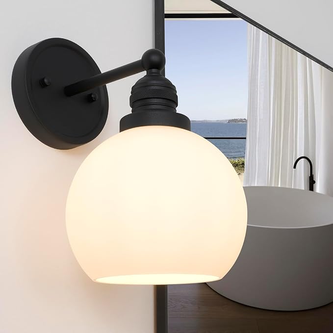 Wall Sconce Black Bathroom Light Fixtures with Milk Glass Modern Vanity Lights Vintage Sconces Wall Lighting for Living Room Bedroom Hallway Stairway E26 Hardwire