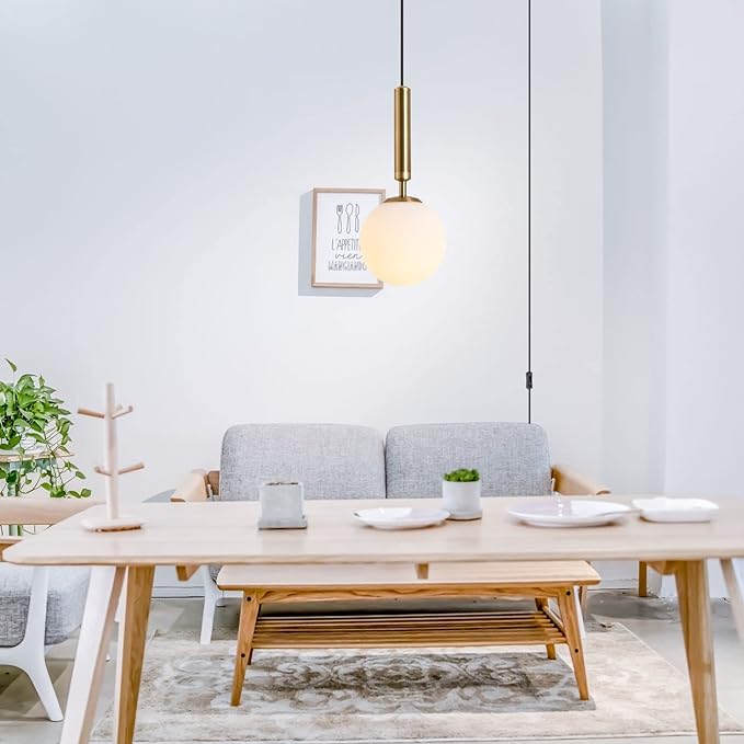 KCO Modern Gold Globe Pendant Lamp Plug in Mid Century White Frosted Glass Adjustable Ceiling Lamp Industrial Brass Gold Round Ball On/Off Chandelier for Farmhouse Kitchen Island Bedroom
