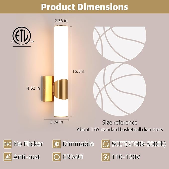 Gold Wall Sconce 5CCT Dimmable Bathroom Sconce with Acrylic Shade LED 15 inch Hardwired Wall Light Fixtures for Bathroom Living Room Bedroom Hallway