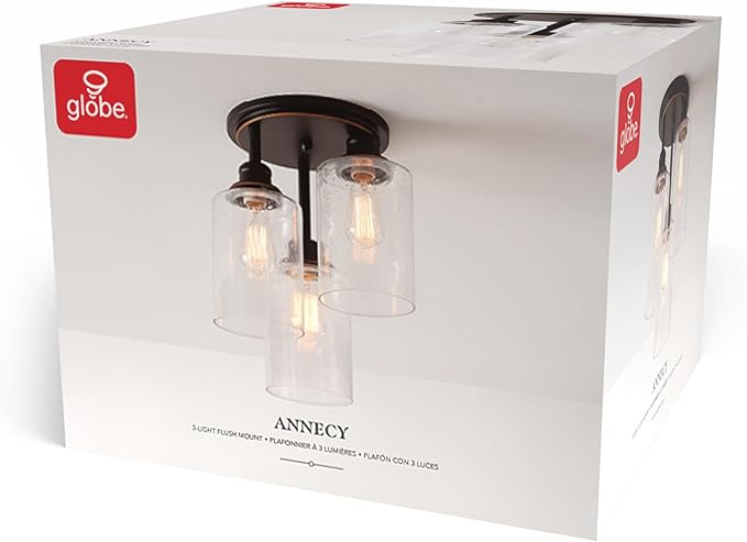 Globe Electric 65904 3-Light Bronze Semi-Flush Mount Ceiling Light Fixture with Seeded Glass Shades, Ideal for Kitchen, Bathroom, Bedroom, Closet Light, Home Essentials, LED Bulbs Compatible